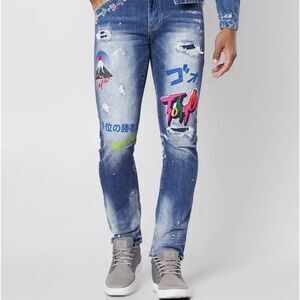 New Smoke Rise Taper Stretch Jean Graphic Graffiti Embroidered Patches Grunge